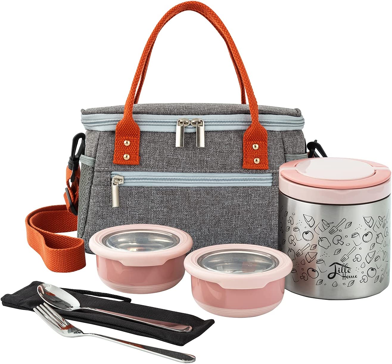Lille Home Lunch Box Set, A Vacuum Insulated Bento/Snack Box Keeping Food Warm for 4-6 Hours, Two Stainless Steel Food Containers, A Lunch Bag, A Portable Cutlery Set