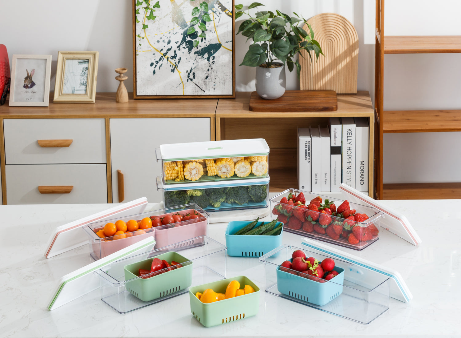 Lille Home Stackable Produce Saver, Organizer Bins/Storage Containers with Removable Drain Tray, Set of 3