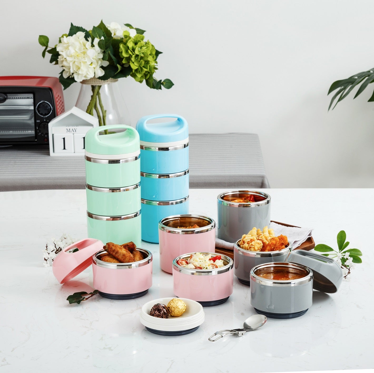 Lille Home Stackable Stainless Steel Thermal Compartment Lunch/Snack Box, 3-Tier Insulated Bento/Food Container with Upgraded Lunch Bag, Portable