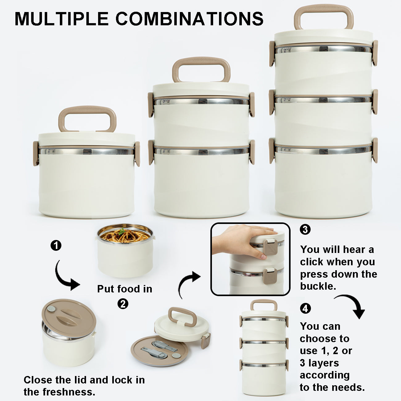 Lille Home 3-Tier Stackable Stainless Steel Thermal Compartment Lunch Box