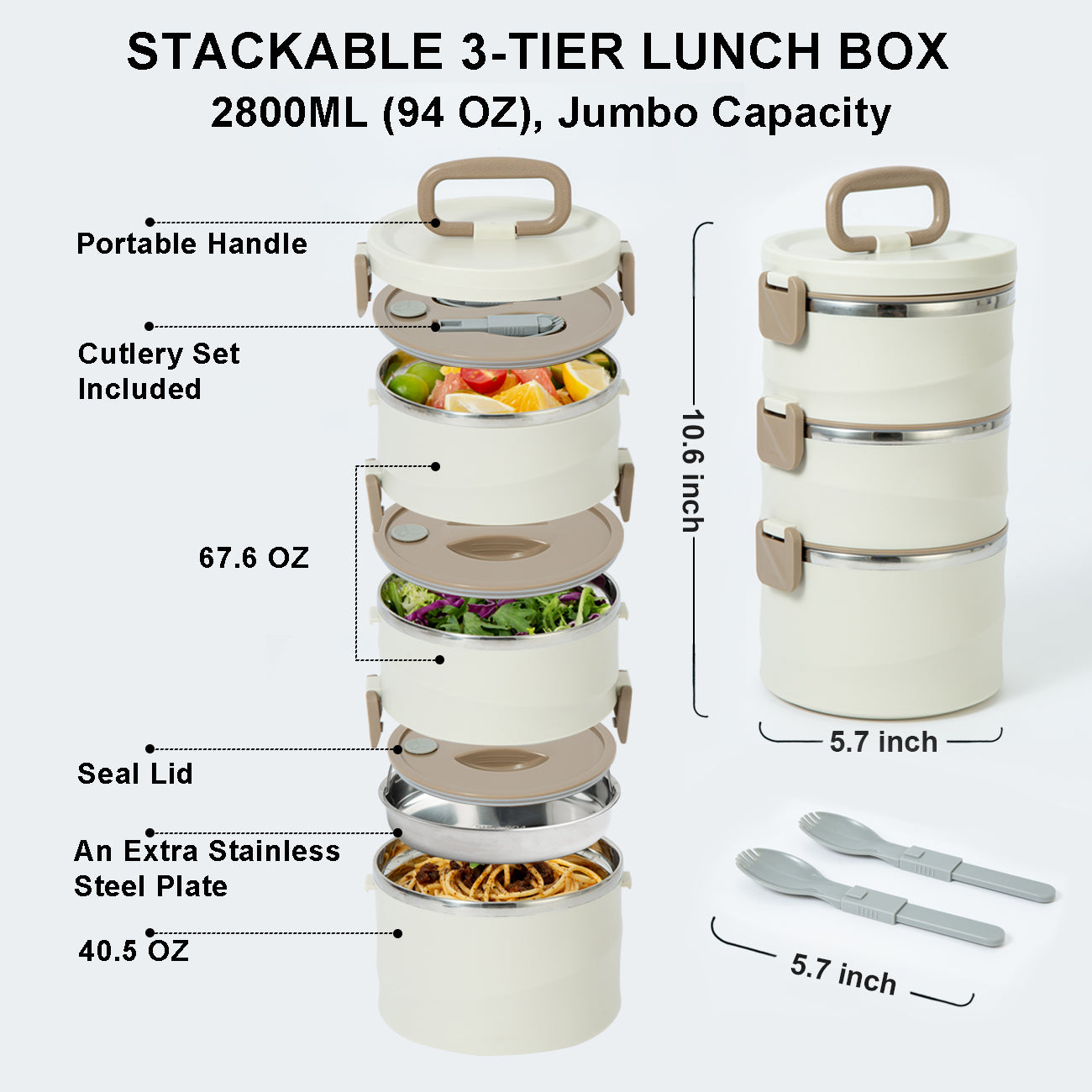 Lille Home 3-Tier Stackable Stainless Steel Thermal Compartment Lunch Box Beige