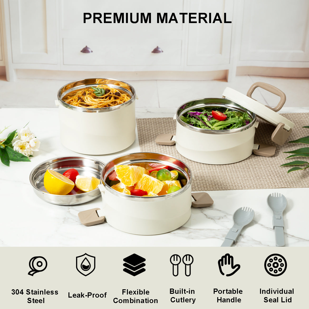 Stackable Thermal Containers Stainless Steel Leak-Proof Lunch