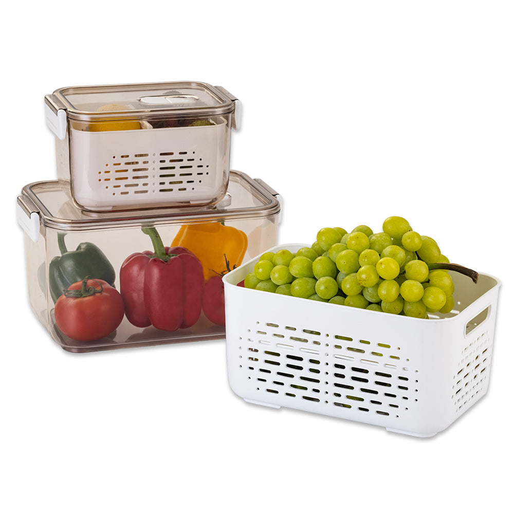 Lille Home Stackable Produce Saver, Organizer Bins/Storage Containers with  Removable Drain Tray, Set of 3, for Refrigerators, Cabinets, Countertops