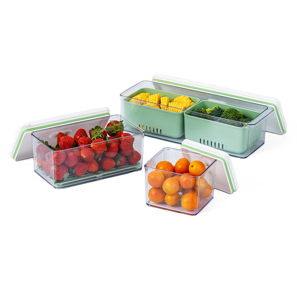 Food Storage Containers Fridge Produce Saver- Stackable Refrigerator  Organizer Keeper Drawers Bins Baskets with Lids and Removable Drain Tray  for Veggie, Berry, Fruits and Vegetables 