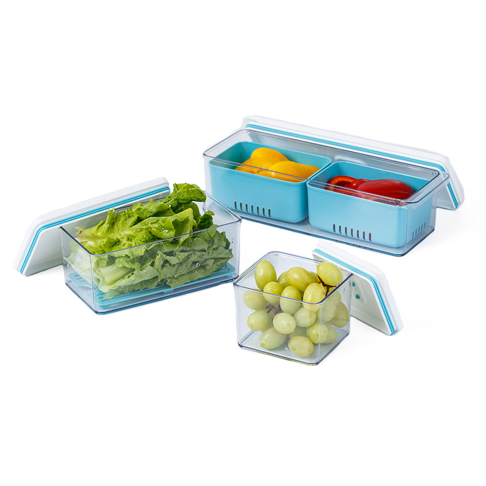 Lille Home Stackable Produce Saver, Organizer Bins/Storage Containers with Removable Drain Tray, Set of 3