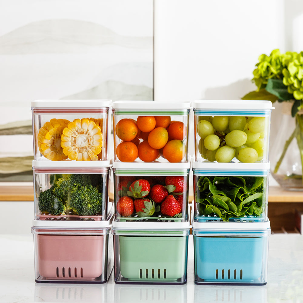 Food Storage Containers Fridge Produce Saver- Stackable Refrigerator  Organizer Keeper Drawers Bins Baskets with Lids and Removable Drain Tray  for Veggie, Berry, Fruits and Vegetables 