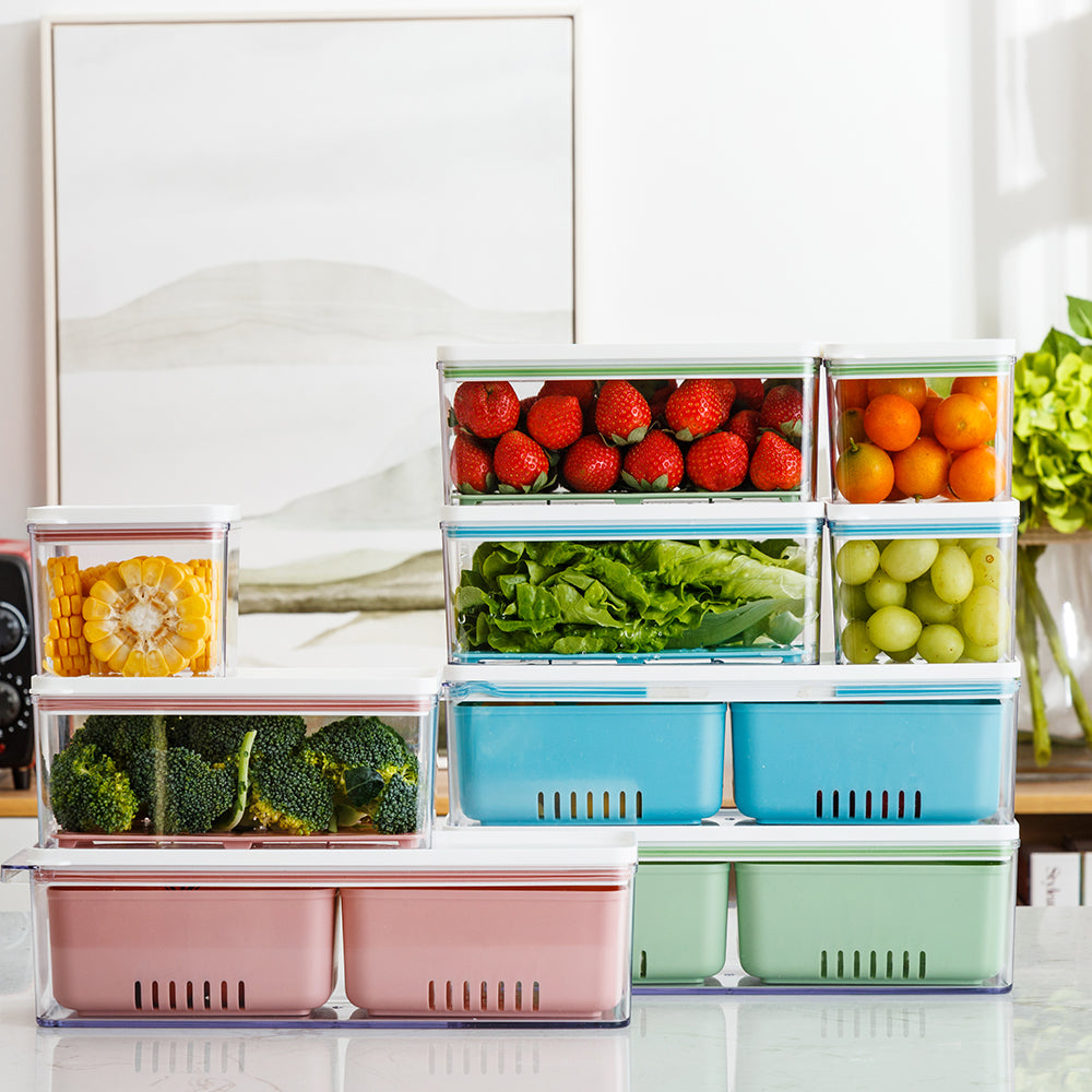 Food Storage Containers Fridge Produce Saver- Stackable Refrigerator  Organizer Keeper Drawers Bins Baskets with Lids and Removable Drain Tray  for Veggie, Berry, Fruits and Vegetables 