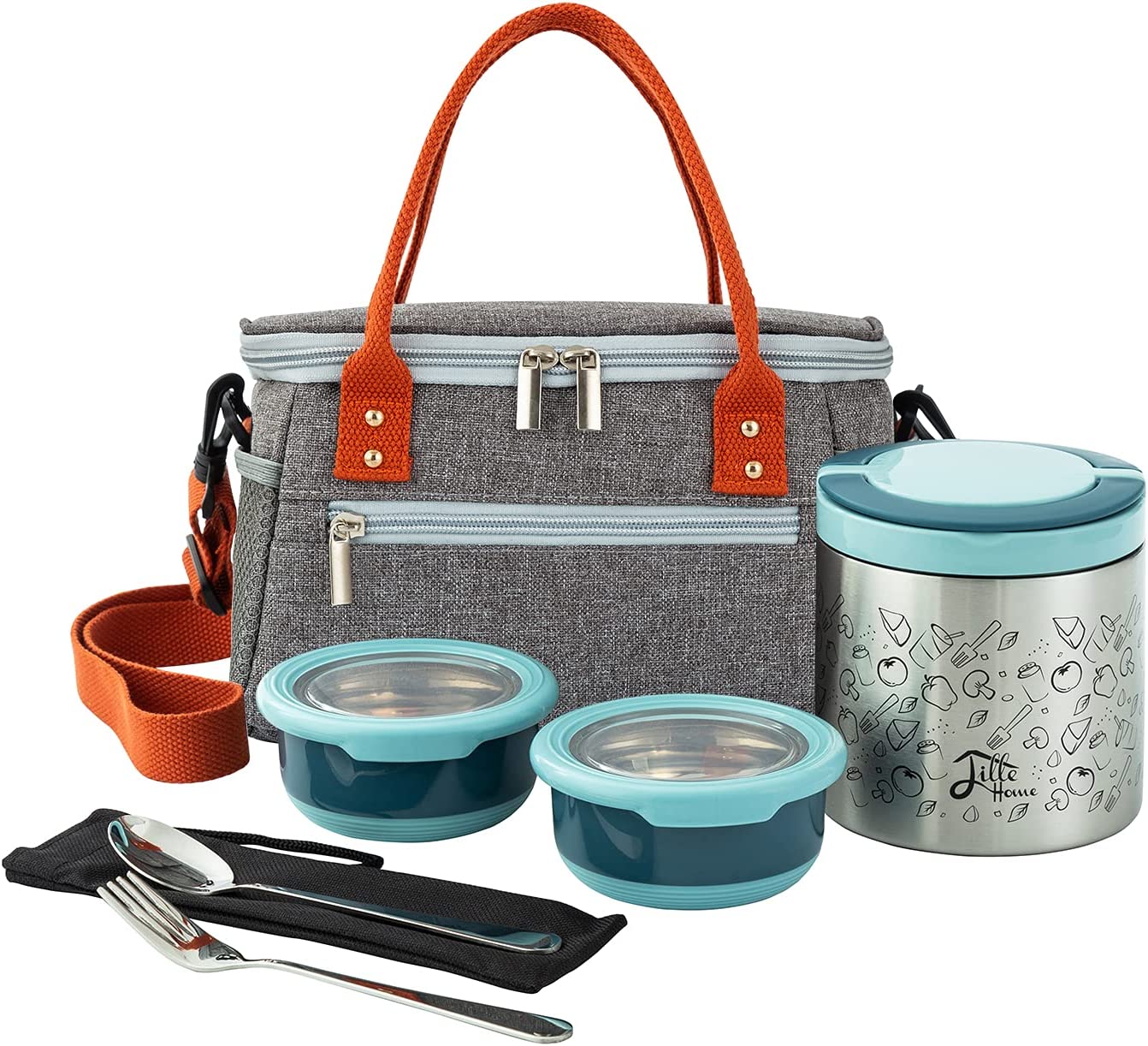 Lille Home Lunch Box Set, A Vacuum Insulated Bento/Snack Box Keeping Food Warm for 4-6 Hours, Two Stainless Steel Food Containers, A Lunch Bag, A Portable Cutlery Set