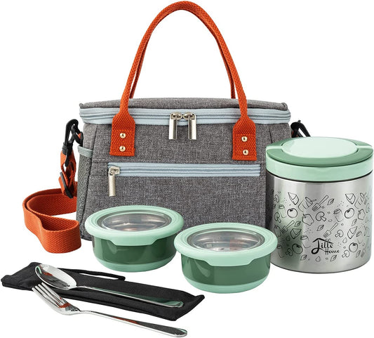 Lille Home Lunch Box Set, A Vacuum Insulated Bento/Snack Box Keeping Food Warm for 4-6 Hours, Two Stainless Steel Food Containers, A Lunch Bag, A Portable Cutlery Set