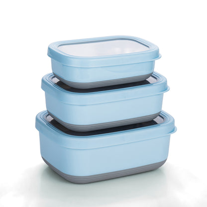Lille Home Premium Stainless Steel Food Containers/Bento Lunch Box with Anti-Slip Exterior, Set of 3, 470ml, 900ML,1.4L, Leakproof, BPA Free, Portion